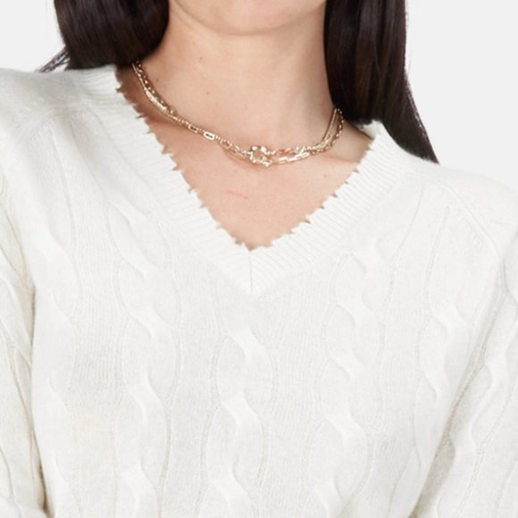 NEW Minnie Rose Cashmere V-Neck Frayed Edges Cable Knit Sweater - Picture 1 of 12